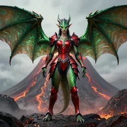 full body portrait of hybrid between dragonkin and elf, female, in a volcano, symmetric wings, shiny green scales, plate red armor, red reptilian eyes, high fantasy, dnd, face details, extremely detailed, smooth, sharp focus, digital illustration, by artgem, rossdraws, sakimichan