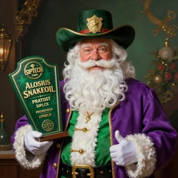 Uncle Aloysius SNAKEOIL brand Santa SIPTECH christmas cowboy corporate kitsch promotion, purple green color scheme, sponsored by UNCO