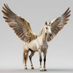 a winged appaloosa horse has unfurled wings attached to its flanks. the wings are huge, unfurled and ribbed. high quality octane render