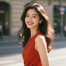 blurry photo portrait of a smiling pretty woman in a red sleeveless dress, out of focus, street scene