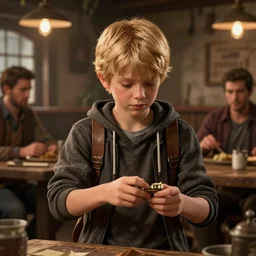 A young blonde boy thief in a tavern surrounded by friends, octane render, high detail, photorealistic, High details,4k