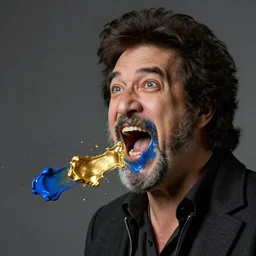 bob ross screaming gold and blue paint around mouth