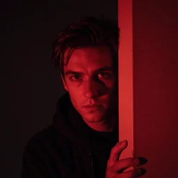 Tension building scene, person coming out of the shadows into red light, reflective eyes, Dean Cundey cinematography
