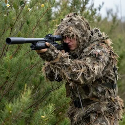 a sniper in a ghillie suit in the bushes