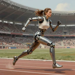 Trinity the matrix, Ripley, LeeLoo, Female sprinter in athletic attire with cyborg legs, metal body, diesel punk, athletic footage, 1960's olympics, artstation, hyperdetailed, art deco stadium, painting by sargent