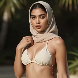 hijab girl with bikini, realistic photo shoot,