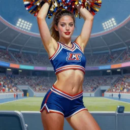 ultra realist soft painting of a single cheerleader tight cloths, curiosities carnival, partial symmetry accurate features, very intricate details, artstyle Tom Bagshaw, futuristic sport arena, focus, curvy, award winning