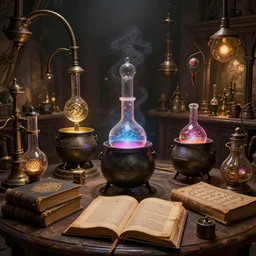 wizard's laboratory, full of strange and magical equipment, bubbling cauldrons and books of ancient spells.