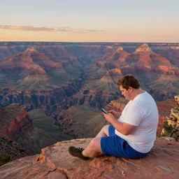 romantic painting, wide shot of a chubby man in wearing a white t - shirt and blue shorts ( looking at his cellphone )!!!!!! in front of a the grand canyon at sunrise, highly detailed, sublime, hyperrealistic, painted by caspar david friedrich and albert bierstadt, trending on artstation 8 k