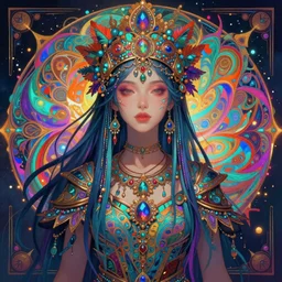 hyper detailed ultra sharp of a beautiful shaman trance girl. trending on artstation, cyberpunk aesthetic, psywave, colorful, psychedelic, ornate, intricate, digital painting, concept art, smooth, sharp focus, illustration, art by artgerm and greg rutkowski and alphonse mucha, 8 k