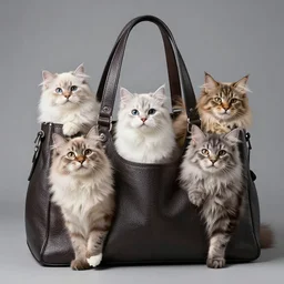 a highly detailed photo of multiple furry cats, they are inside a big handbag, gray background, studio lighting, 4 k, 8 k