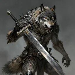 Giant wolf holding a large sword in its mouth, hd, intricate, Greg Rutkowski, bloodborne, 8k, digital art