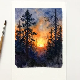 small centered on watercolor paper, paint brush strokes, abstract watercolor painting of ragnarok at nightfall, pine trees, viking mythology, cinematic light, american romanticism by hans dahl, by jesper ejsing, by anders zorn, by greg rutkowski, by greg manchess, by tyler edlin