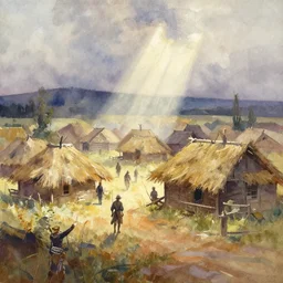 paint brush strokes, abstract watercolor painting of american frontier western viking town, straw roof, daylight rays, cinematic light, american romanticism by hans dahl, by jesper ejsing, by anders zorn, by greg rutkowski, by greg manchess, by tyler edlin