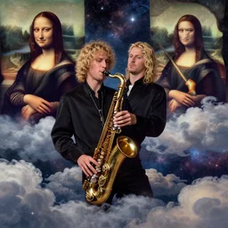 a young blond man with long curly hair playing sax, on cosmic cloudscape, italian futurism, Dan Mumford, da vinci, Josan Gonzalez