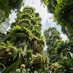 biophilic design, utopian, urban green, futurist, simplified, looking up from below