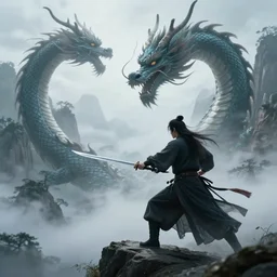 a wuxia sword master battling the great oriental dragon on misty mountain , epic cinematic scene , 24mm f4 ,