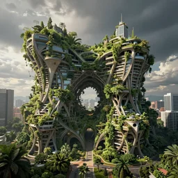 biophilic architecture, utopian structures, hyper real, photographic, urban green, volumetric, cinematic, weta digital, high contrast