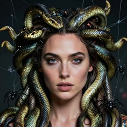 beauty woman Gal Gadot with snakes for hair, Medusa, detailed face, surrounded by spiders, very detailed, dramatic lighting, electrical details, high details, 4k, 8k, trending on artstation, by Greg Rutkowski, Wayne Barlowe, Hajime Sorayama and Boris Vallejo