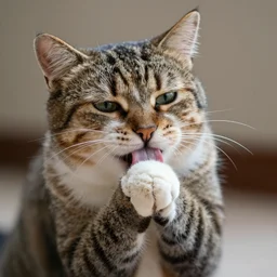 a cat licking its paw