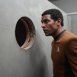 highly detailed movie still of Gowron, son of M'Rel (Star Trek: The Next Generation) staring with wondering eyes at the hole bored in the wall of a bathroom stall