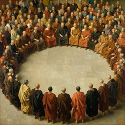 large crowd of monks formed in circular formation together, realistic old master painting art by artgerm and greg rutkowski and alphonse mucha, 8 k,