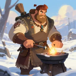 Beautiful detailed high quality illustration of an old Slavic blacksmith, very strong and muscular man, a lot of Slavic decor elements and cloth::vibrant winter, romantic mood, morning sunlight::art by Ghibli Studio, League of Legends, Arcane, Wild Rift, trending on artstation::single solid body, no artefacts, no two heads