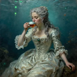 a 1 8 th century, messy, silver haired, ( ( ( mad ) ) ) fae princess ( look like ( ( young kate winslet ) ) ), dressed in a ( dirty ), wedding dress, is ( ( drinking a cup of tea ) ). everything is underwater! and floating. greenish blue tones, theatrical, ( ( green lights ) ) oil canvas by holbein