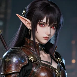 A beautiful dieselpunk elven huntress || very anime, fine-face, pretty face, magic leather armor, realistic shaded Perfect face, fine details. Anime. realistic shaded lighting poster by Ilya Kuvshinov katsuhiro otomo ghost-in-the-shell, magali villeneuve, artgerm, Jeremy Lipkin and Michael Garmash and Rob Rey