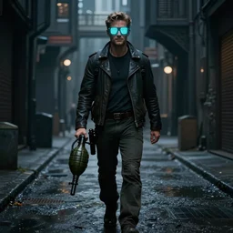 a detailed full bodied matte portrait of jensen ackles as time traveler walking down a dark alley of a futuristic dystopian city, holding a milkor mgl grenade launcher, wearing glowing neon shuttered 1 9 8 0 s glasses!!!!, aetherpunk, masterpiece, 8 k, art by greg rutkowski and albert bierstadt and arthur rackham and alphones mucha