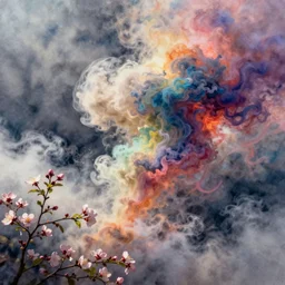 an intricate watercolour of dreams, blossom, colored smoke, prismatic, technicolor, cinematic dream sequence, hazy, mists clouds, soft focus, artstaion