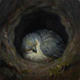 small monster bird asleep in a dark cave, fantasy painting, oil on canvas, dramatic lighting, emotional ,