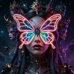 a portrait of a beautiful woman with a neon butterfly covering her face head, cult secret society art by james paick, and shaddy safadi, ominous, cosmic horror, trending on artstation, ultra detailed, hyper realistic 4 k, octane, cinema 4 d, c 4 d render beeple, mike winkelmann, nick denboer, paul babb