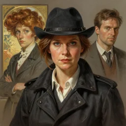 portrait of Betsy Brandt as a detective, highly detailed, digital painting, artstation, concept art, sharp focus, illustration, art by artgerm and greg rutkowski and alphonse mucha
