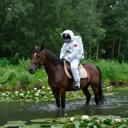 a photo of an astronaut riding a horse in the forest. there is a river in front of them with water lilies