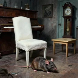 cinematic colorful horror artwork by artgerm, beksinski, lovecraft, mark brooks ; natural real life full portrait of ugly furry mouse on floor. empty soft white chair with footrest. empty bench that was tucked neatly under the piano, empty small play table, old grandfather clock near the doorway ; hainted creepy scary dramatic