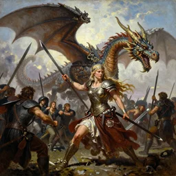 A beautiful oil painting of a viking woman charging into battle, colossal dragon in middle distance, by Lucas Graciano, Frank Frazetta, Greg Rutkowski, Boris Vallejo, epic fantasy character art, goddess of war, high fantasy, Exquisite detail, post-processing, low angle, masterpiece, cinematic