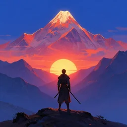a lone warrior looking at the sunrise at the himalayas by sandra chevrier, moebius, atmospheric, fine details, vivid, neon, masterpiece