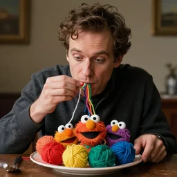 a man eating colorful yarn, with a dinner plate of a pile of muppets