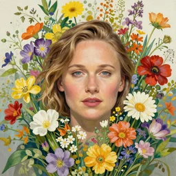 a head and shoulders vibrant portrait of alicia vikander surrounded by an explosion of wild flowers, by joshua middleton, by alphonse mucha, by edgar maxence, by wes anderson, by gustav klimt, by gregory manchess, by edward hopper, by wayne barlowe, by james gilleard, intricate, detailed, single head, octane render