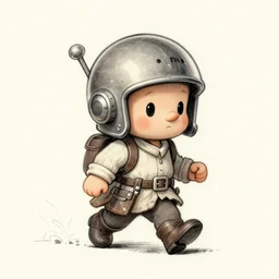 sketch of a cute chibi dnd gnome inventor tinkerer wearing a daft punk helmet, walking cautiously, etching by louis le breton, 1 8 6 9, 1 2 0 0 dpi scan