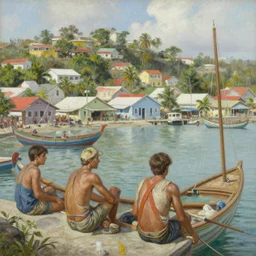 a detailed and accurate masterpiece painting from within a town port in the caribbeans, sharp detail, by tyler edlin, noah bradley, john j. park, jordan grimmer trending on artstation