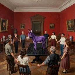 realistic kirchner painting of a red dark big antique room with people standing in a circle, holding hands, around a black wooden table with a purple donkey standing over it. wide angle lens deformed perspective