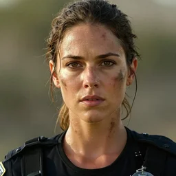 a film still of alexandra daddario as cop, her face muddy and sweat, direct sun light, close up potrait, cinematic,