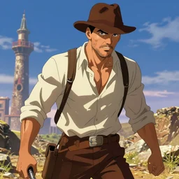 indiana jones as an anime character. beautiful. 4 k.