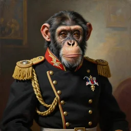An exquisite modern painting of a chimpanzee dressed like a bearded Napoleon with correct military uniform, no frames