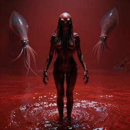 the filmic anti - christ rising from a red ocean. ominous. vivid color detailed photograph from a 1 9 9 0 s horror movie. alien squid in the background.