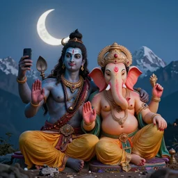 photorealistic image of lord shiva and ganesh, in the himalayan mountains, taking a selfie together in the crescent moonlight alphonse mucha, rhads, ross tran, artstation, artgerm, octane render, 1 6 k