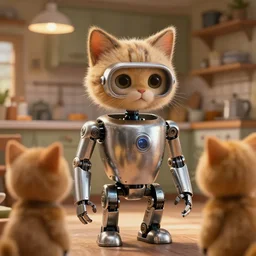 film still from the movie chappie of the robot chappie shiny metal indoor cottage kitchen whimsy scene bokeh depth of field several figures furry anthro anthropomorphic stylized cat ears head android service droid robot machine fursona