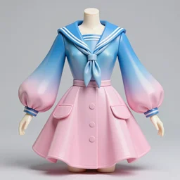 vinyl figure collection ball shaped accordion sleeve haute couture, sailor uniform, coat, synthetic curves striking pose, dynamic folds, cute pockets, volume flutter, youthful, modeled by modern designer bust, body fit, award fashion, picton blue, petal pink gradient scheme, holographic tones, expert composition, professional retouch, editorial photography
